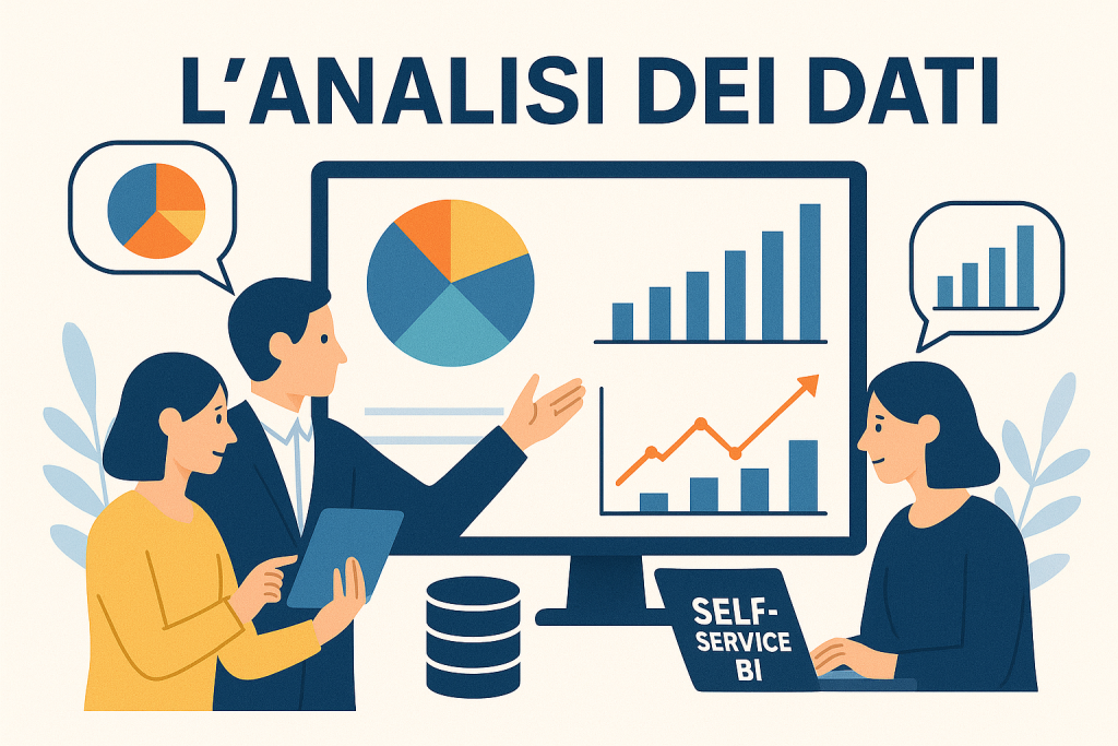 Dashboard di Business Intelligence self-service integrata con ERP, con team aziendale che analizza grafici interattivi su schermo in autonomia.