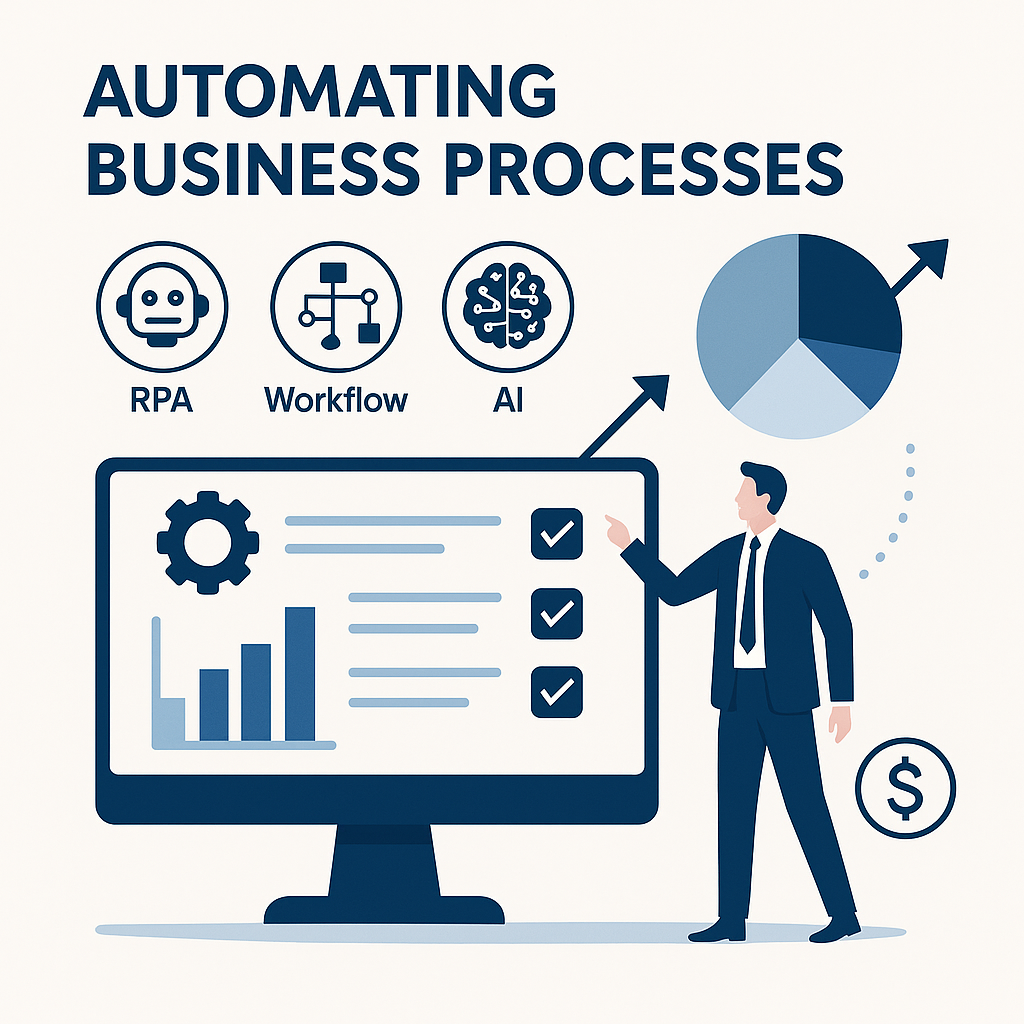 Illustrazione digitale dei concetti di automazione dei processi aziendali con RPA, workflow e intelligenza artificiale. Un manager indica un grafico su schermo con checklist e dati.