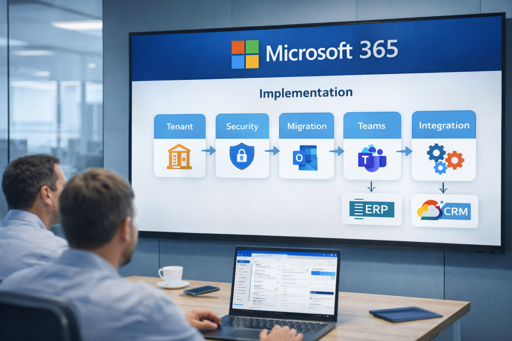 Roadmap di implementazione Microsoft Office 365 con Partner certificato: tenant, sicurezza, migrazione, Teams e integrazione ERP e CRM
