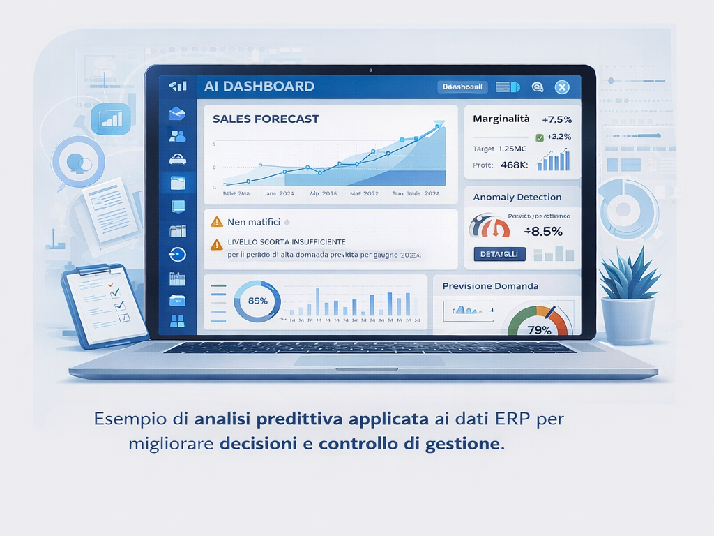 Dashboard predittiva con analisi vendite, KPI e rilevamento anomalie generata da Intelligenza Artificiale integrata in Mago ERP