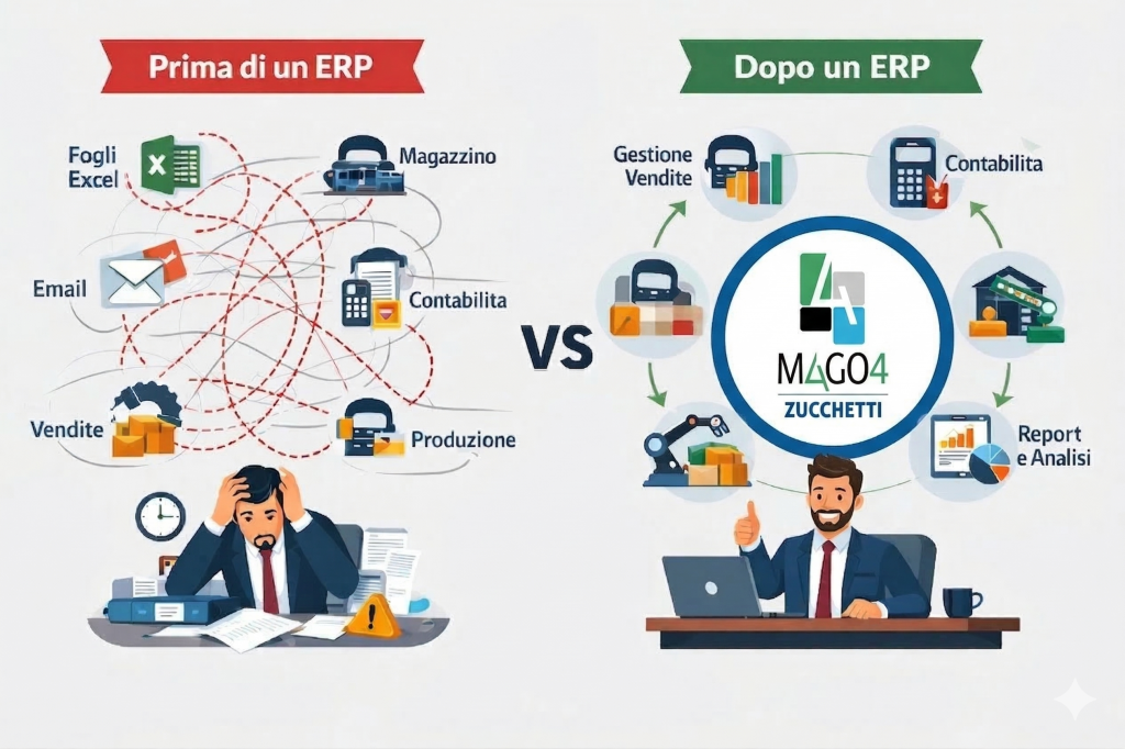 Infografica comparativa tra la gestione aziendale disorganizzata con Excel ed email e l'efficienza integrata del software ERP Mago4 di Zucchetti