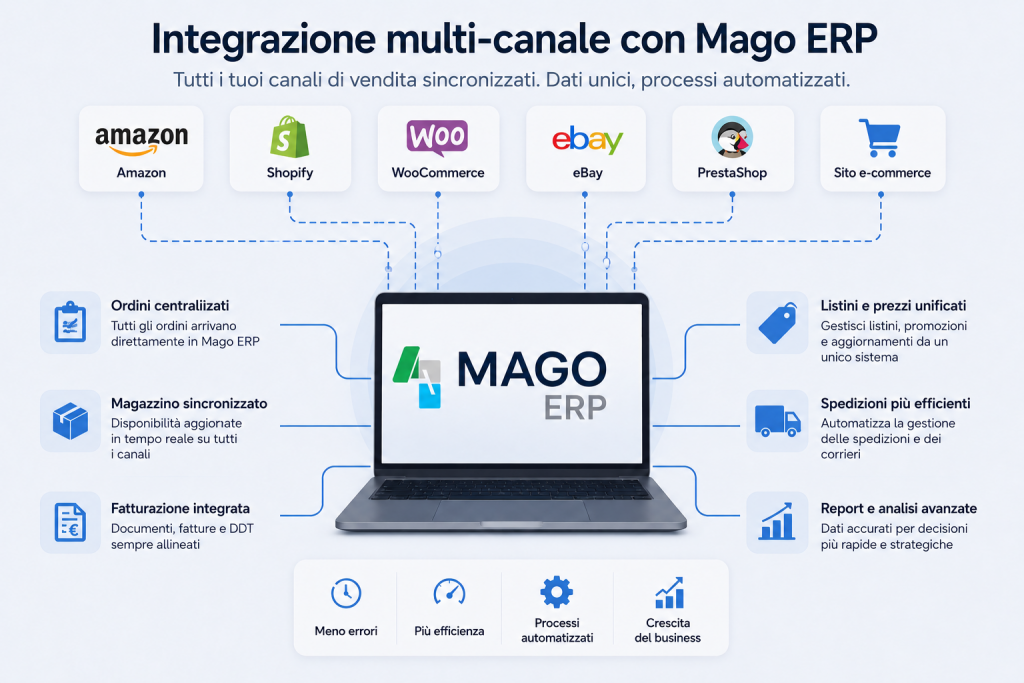Dashboard ERP con integrazione multi-canale tra Amazon, Shopify, WooCommerce, eBay, PrestaShop e sito e-commerce per gestione ordini, magazzino e spedizioni sincronizzate.