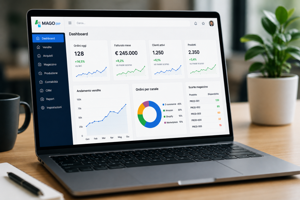 Laptop con dashboard ERP aziendale che mostra vendite, ordini, clienti attivi, scorte di magazzino e grafici analytics in tempo reale.