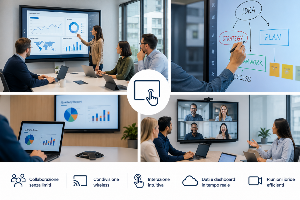 Team aziendale utilizza un monitor interattivo touchscreen durante una riunione collaborativa con dashboard, videoconferenze e condivisione wireless dei contenuti.