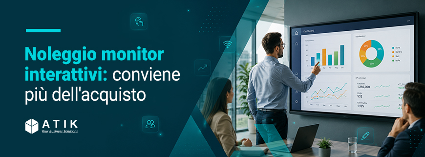 Noleggio di monitor interattivi per sale riunioni: team al lavoro su dashboard e dati condivisi