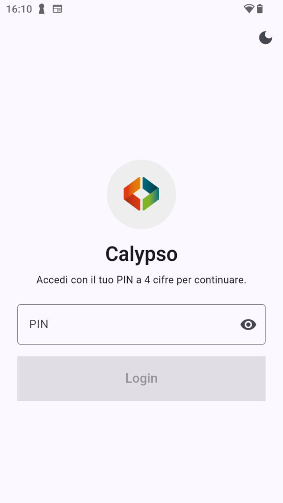 Schermata login app WMS Calypso con PIN a 4 cifre