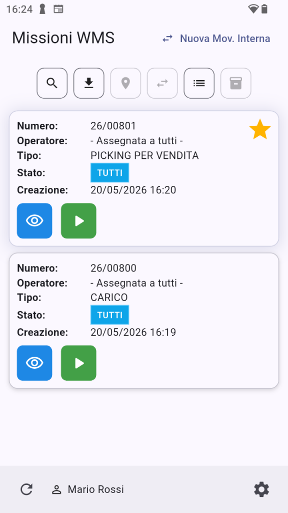 Elenco missioni WMS con stato e tipo operazione