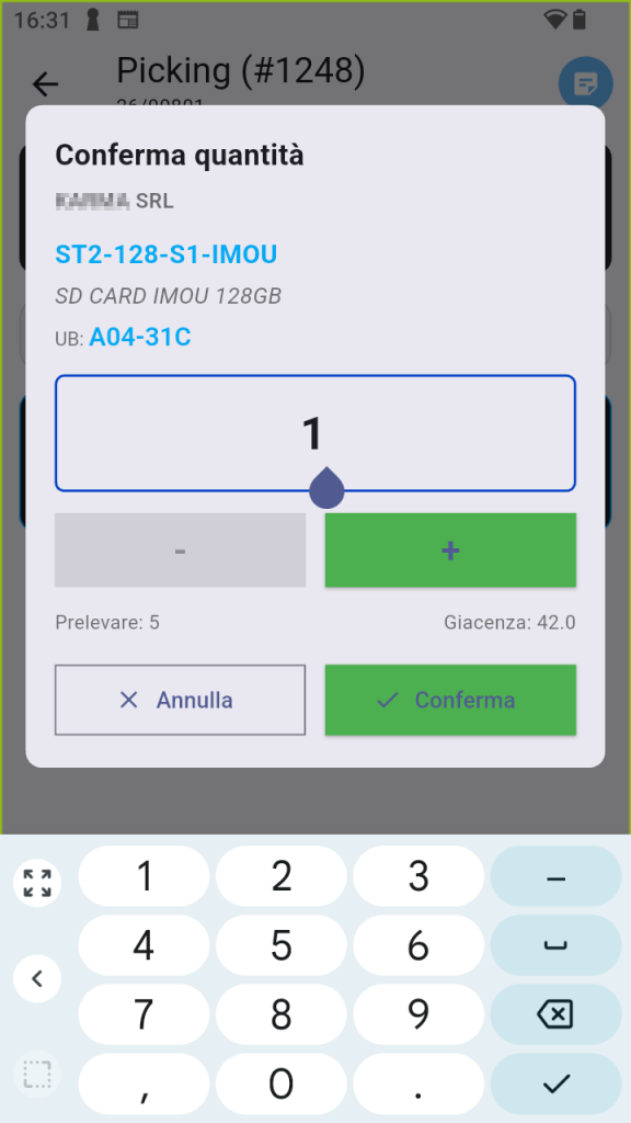 Conferma quantità prelevata durante il picking