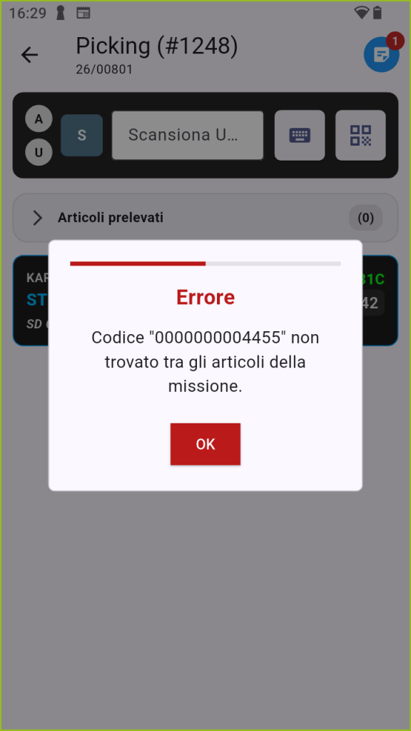 Notifica di errore per codice articolo non riconosciuto