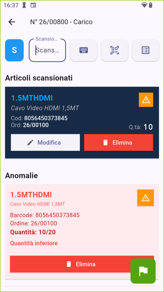 Elenco articoli scansionati con segnalazione anomalie