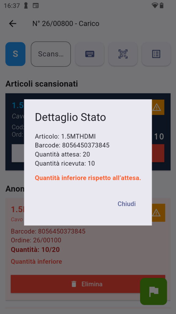 Dettaglio anomalia con confronto quantità attesa e ricevuta
